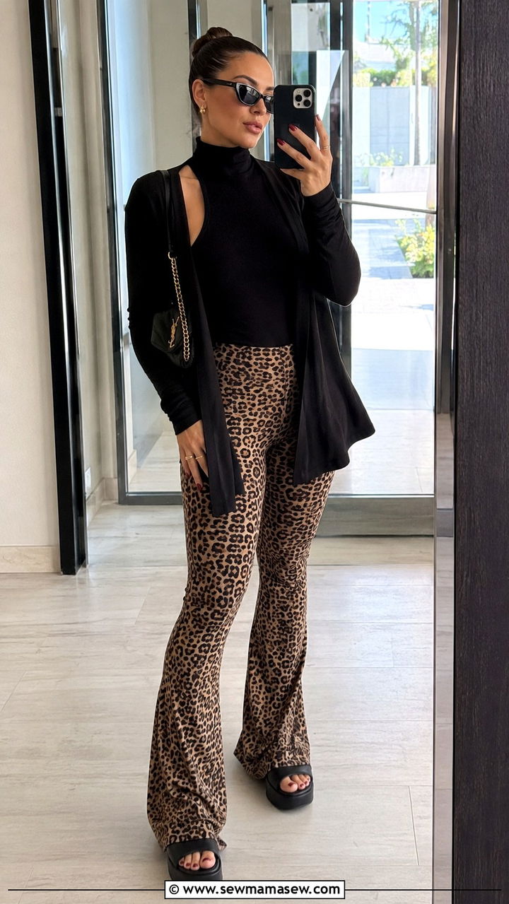 Leopard print flared leggings Pilates outfit with a black turtleneck - 25 Pilates outfit ideas with flared leggings