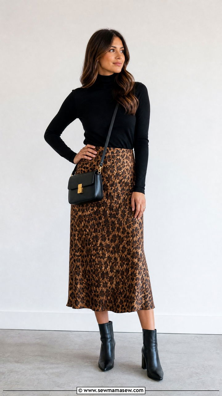 Leopard print midi skirt with black turtleneck - 25 Leopard print outfit ideas 2026