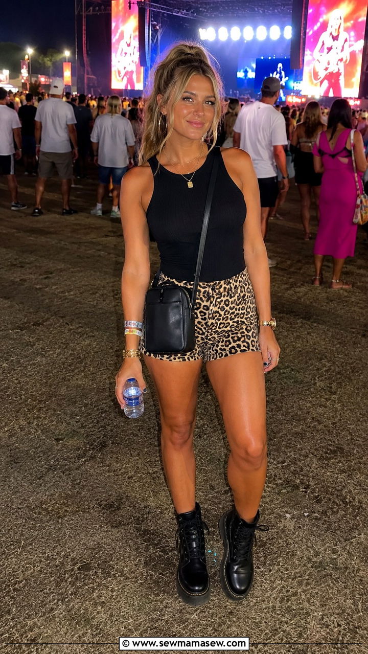 Leopard print shorts and black top - 25 Austin City Limits outfit ideas