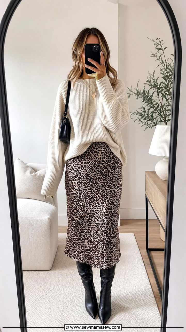 Leopard print slip skirt with chunky knit sweater - 25 Leopard print outfit ideas 2026