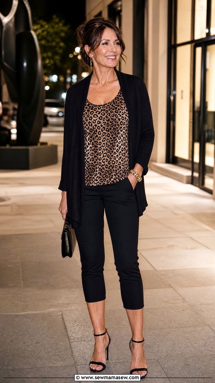 Leopard print tank and black capris - 35 Mature woman outfit ideas