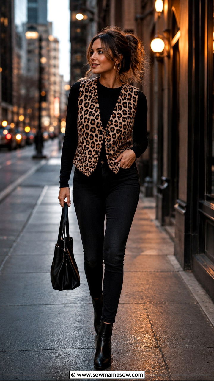 Leopard print waistcoat with black jeans - 25 waistcoat vest outfit ideas for women