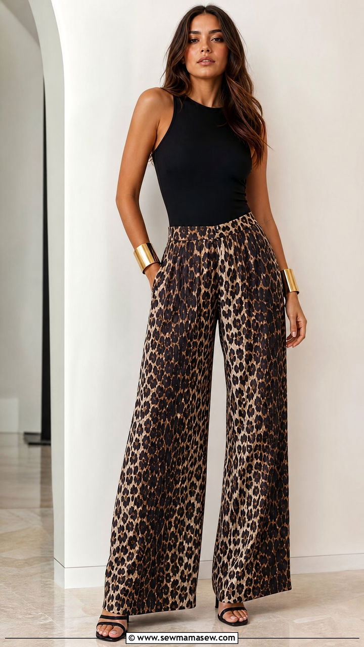 Leopard print wide leg trousers with black bodysuit - 25 Leopard print outfit ideas 2026
