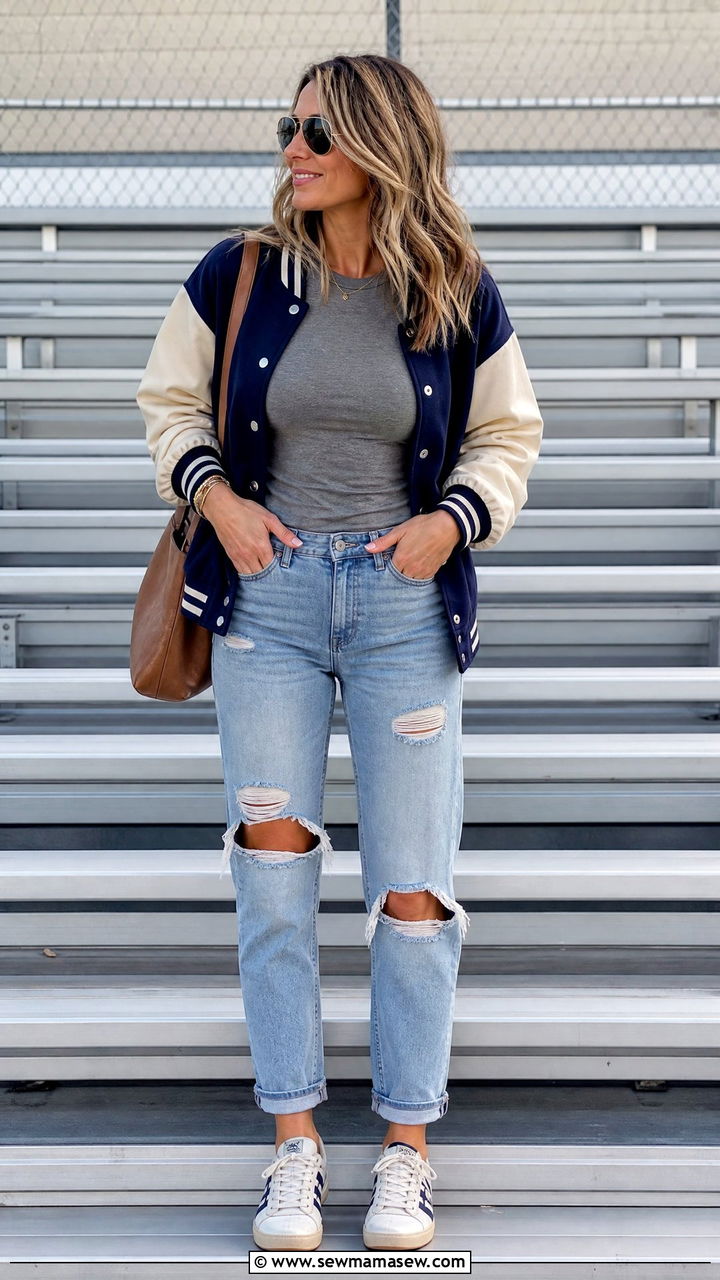 Letterman Jacket and Distressed Mom Jeans Outfit - 25 Football game outfit ideas mom