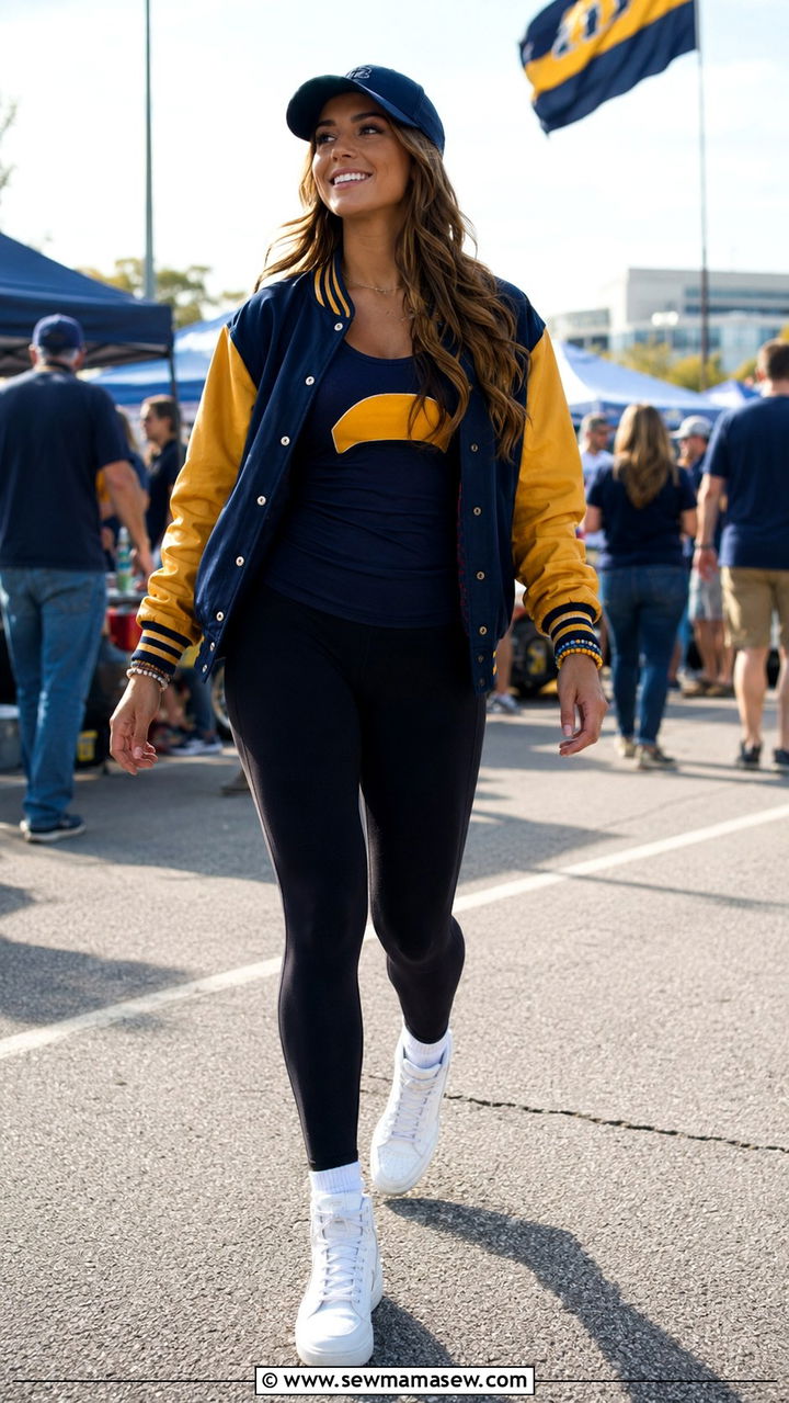 Letterman Jacket and Leggings - 30 Tailgate outfit ideas college