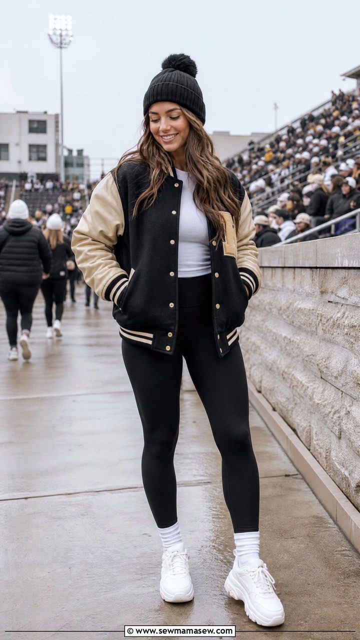 Letterman Jacket with Black Leggings - 35 Gameday outfit ideas college