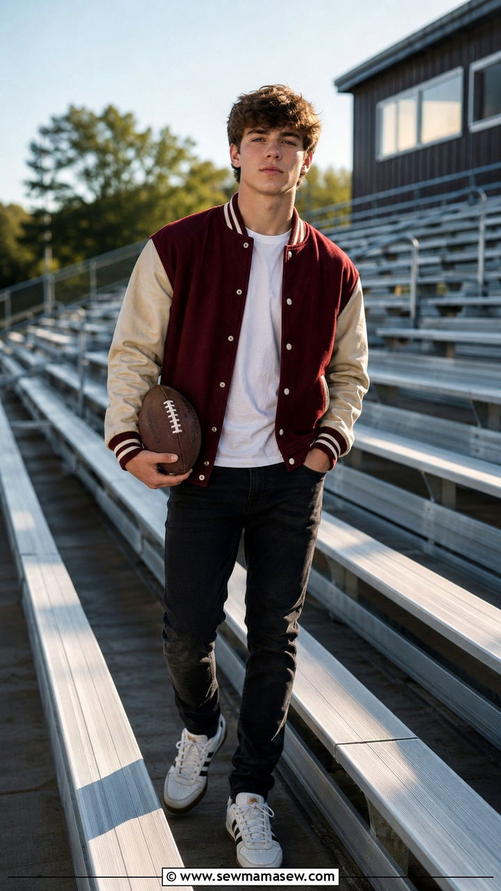 Letterman Jacket with White Tee and Jeans - 30 Senior photo outfit ideas for guys