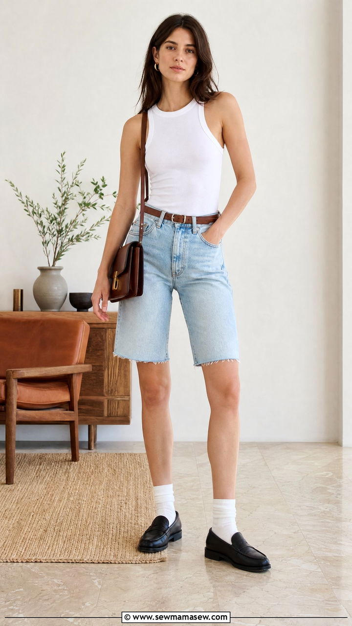 Levis 501 Shorts With Basic White Tank and Vintage Bag - 25 Emma Chamberlain summer outfit ideas