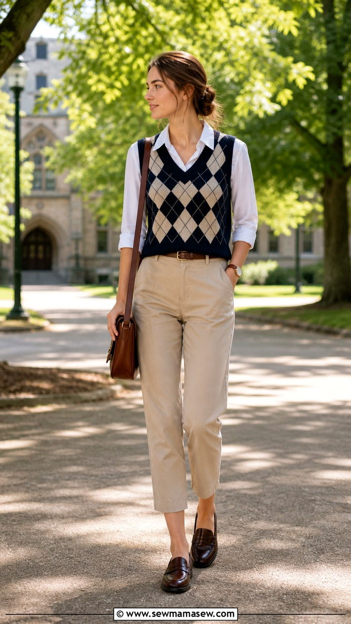 Light Academia Argyle Sweater Vest and Cropped Trousers - 40 Light academia outfit ideas