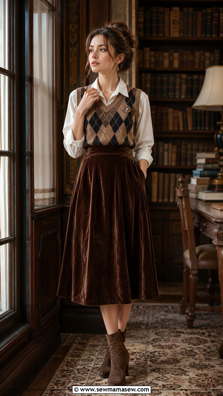 Light Academia Argyle Vest And Velvet Skirt Outfit - 30 light academia outfits aesthetic