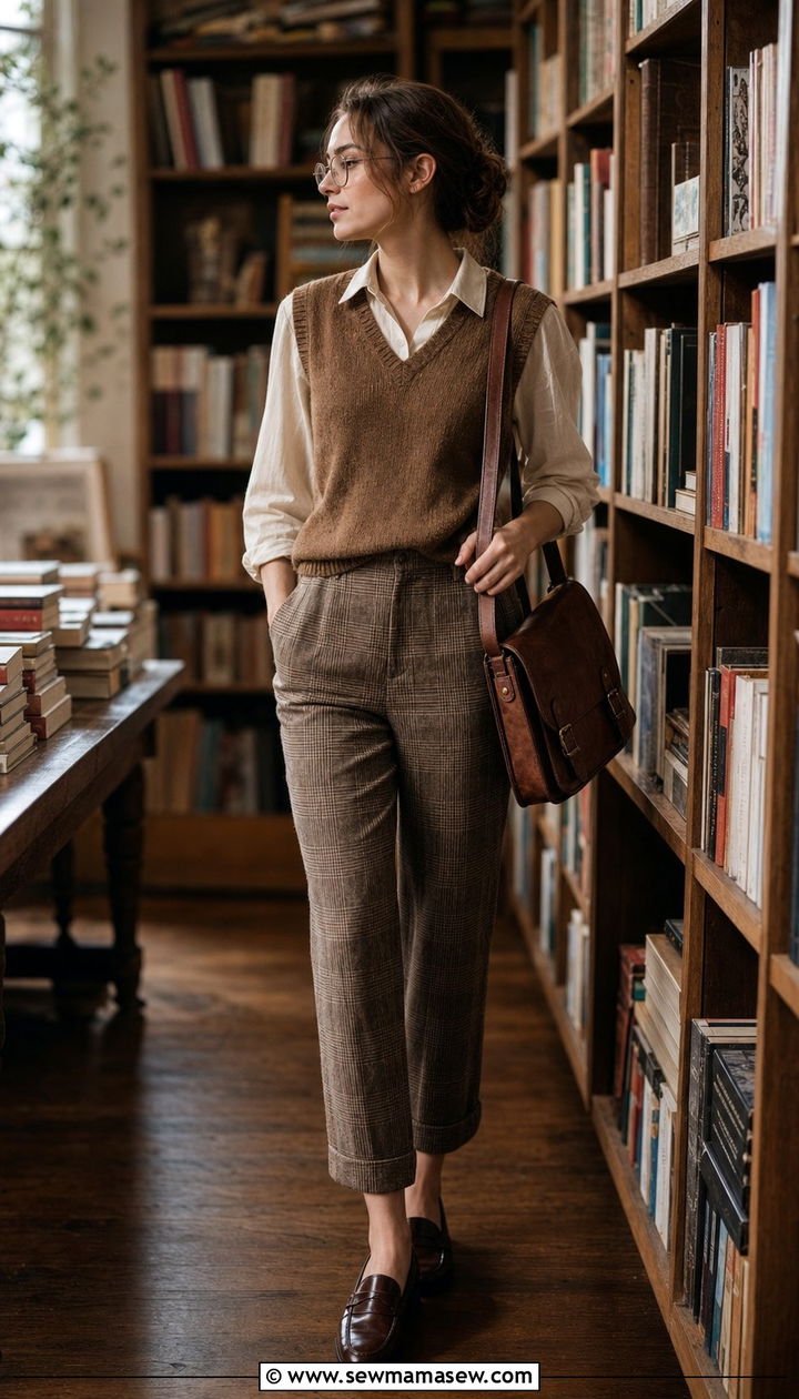 Light Academia Brown Sweater Vest and Plaid Trousers Outfit - 25 cute outfits aesthetic