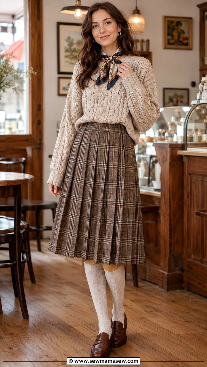 Light Academia Cable Knit Sweater And Pleated Skirt Outfit - 30 light academia outfits aesthetic