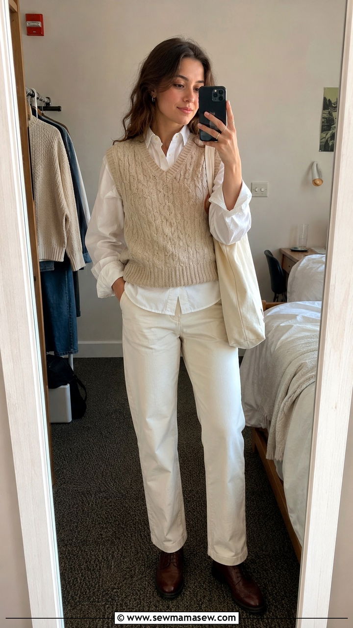 Light Academia Cable Knit Sweater Vest and Button Down Shirt Outfit - 20 light academia capsule wardrobe outfits