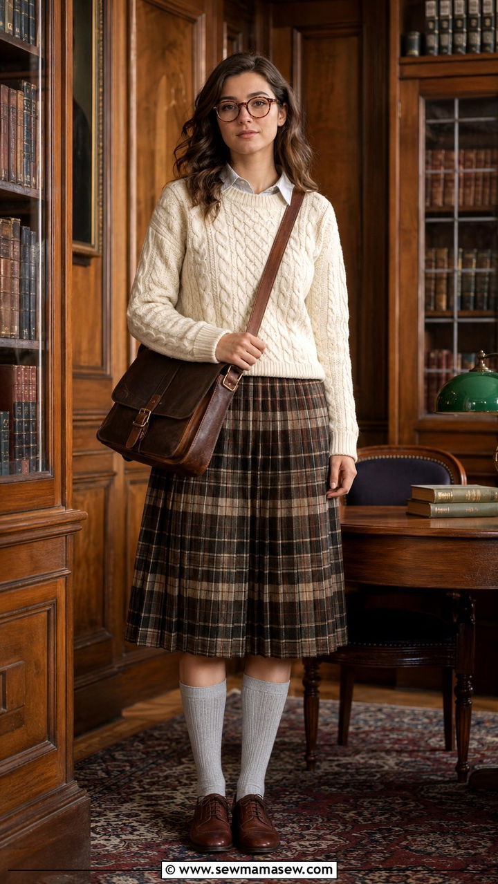 Light Academia Cable Knit Sweater and Plaid Midi Skirt Outfit - 20 light academia capsule wardrobe outfits