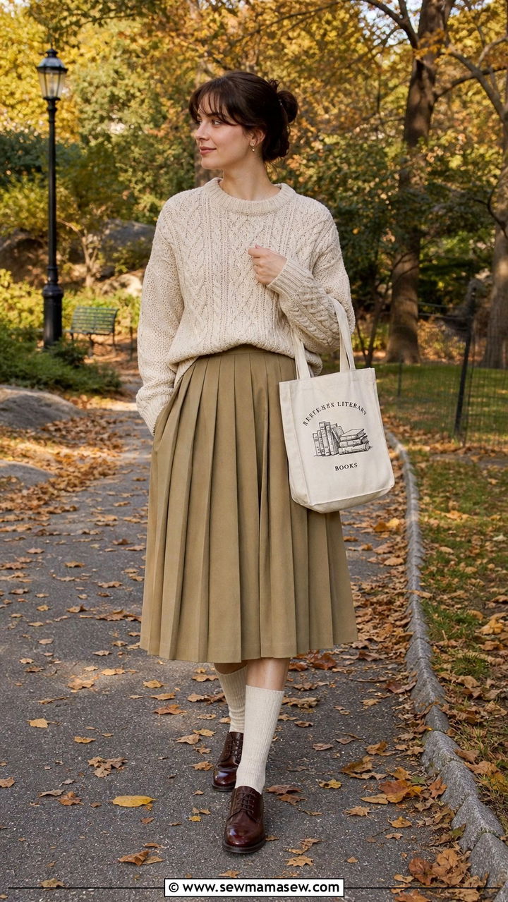 Light Academia Cable Knit Sweater and Pleated Skirt - 40 Light academia outfit ideas