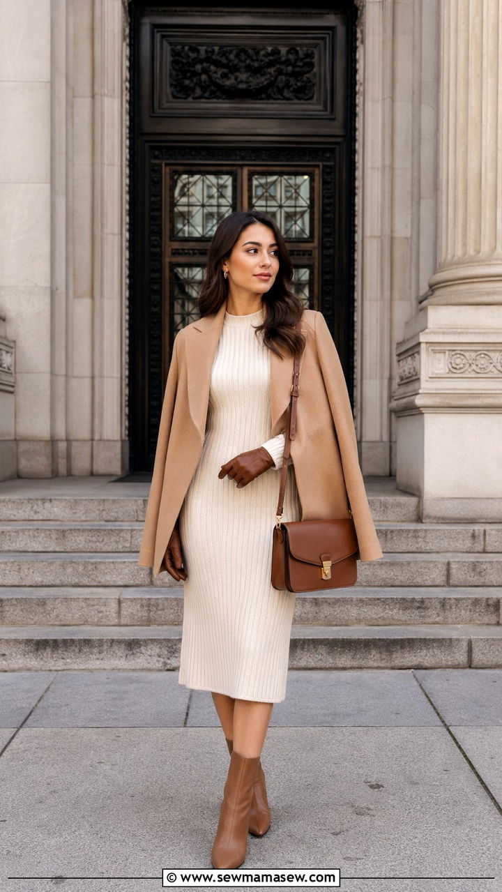 Light Academia Camel Cape Jacket and Knit Dress Outfit - 20 light academia capsule wardrobe outfits