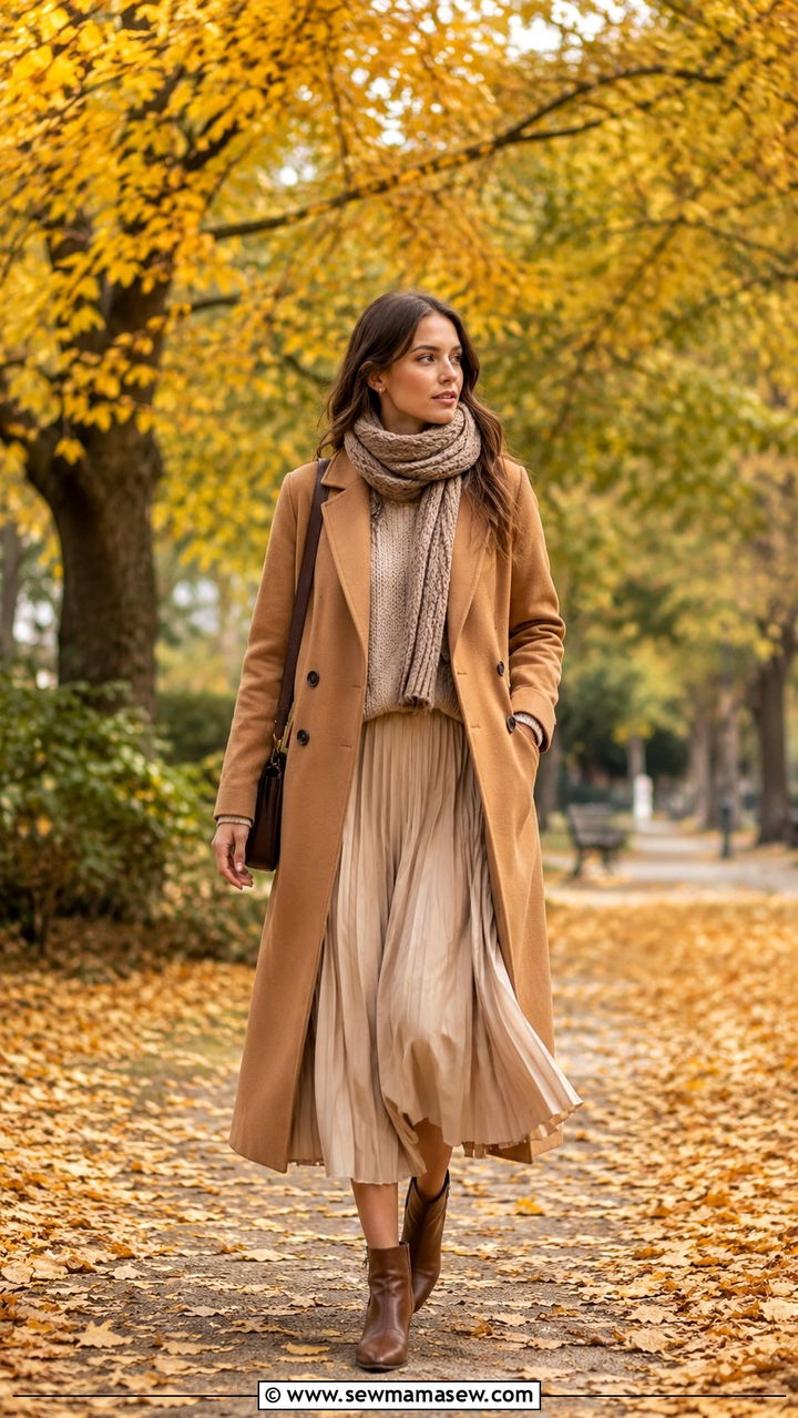 Light Academia Camel Coat And Pleated Midi Skirt Outfit - 30 light academia outfits aesthetic