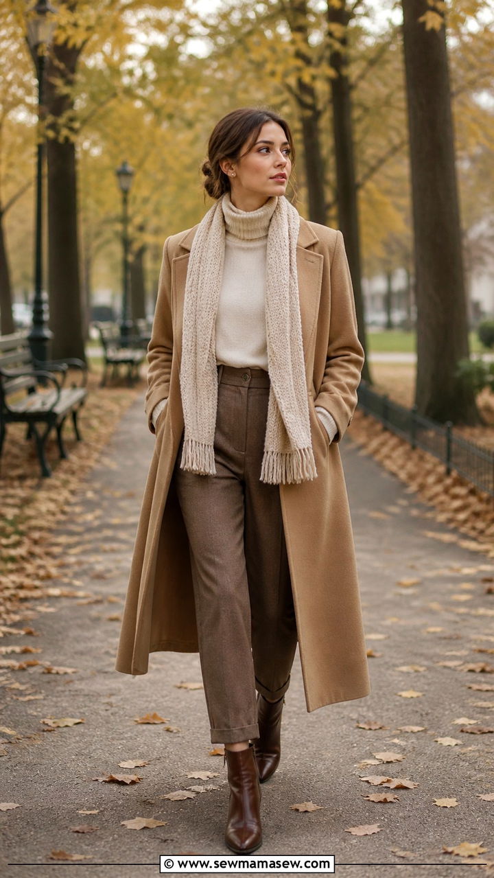Light Academia Camel Coat and Knit Scarf - 40 Light academia outfit ideas