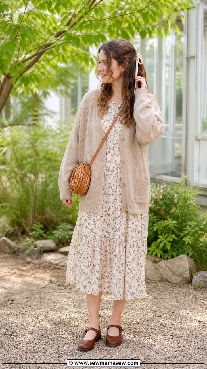 Light Academia Cardigan and Floral Midi Dress - 40 Light academia outfit ideas