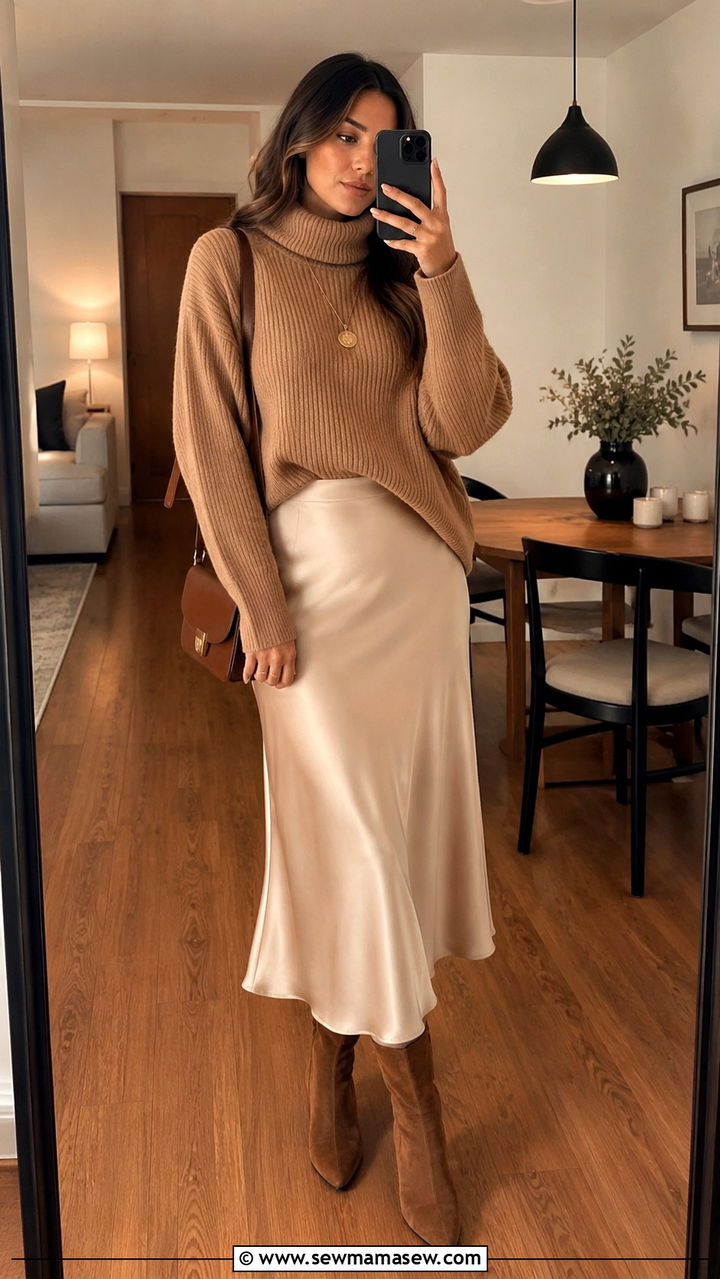 Light Academia Chunky Turtleneck and Satin Midi Skirt Outfit - 20 light academia capsule wardrobe outfits