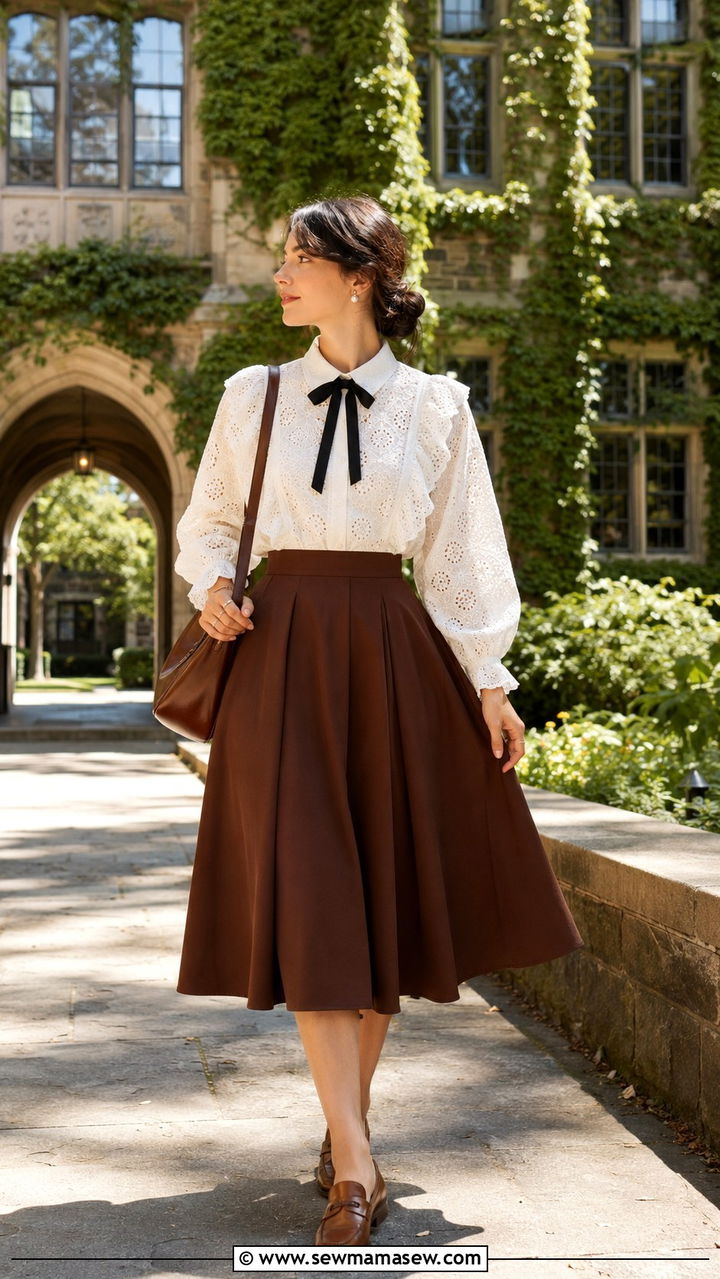 Light Academia Eyelet Blouse And Flared Skirt Outfit - 30 light academia outfits aesthetic