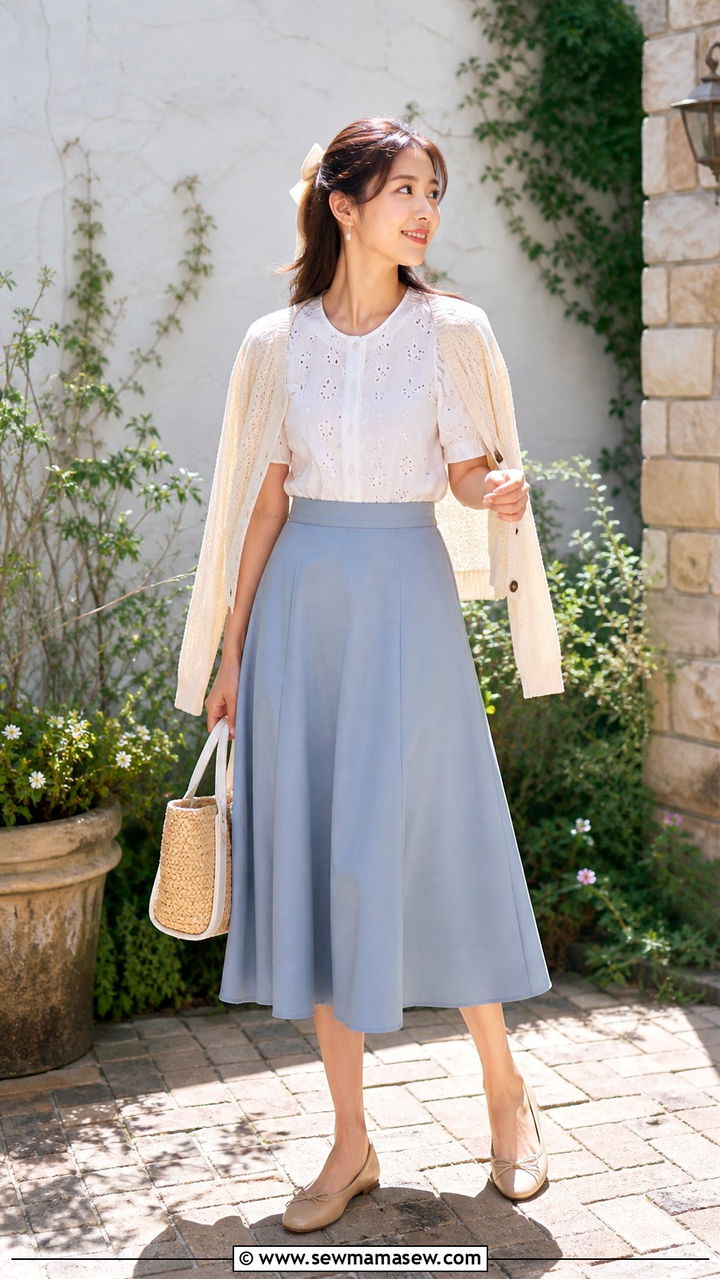 Light Academia Eyelet Blouse and A Line Midi Skirt - 40 Light academia outfit ideas
