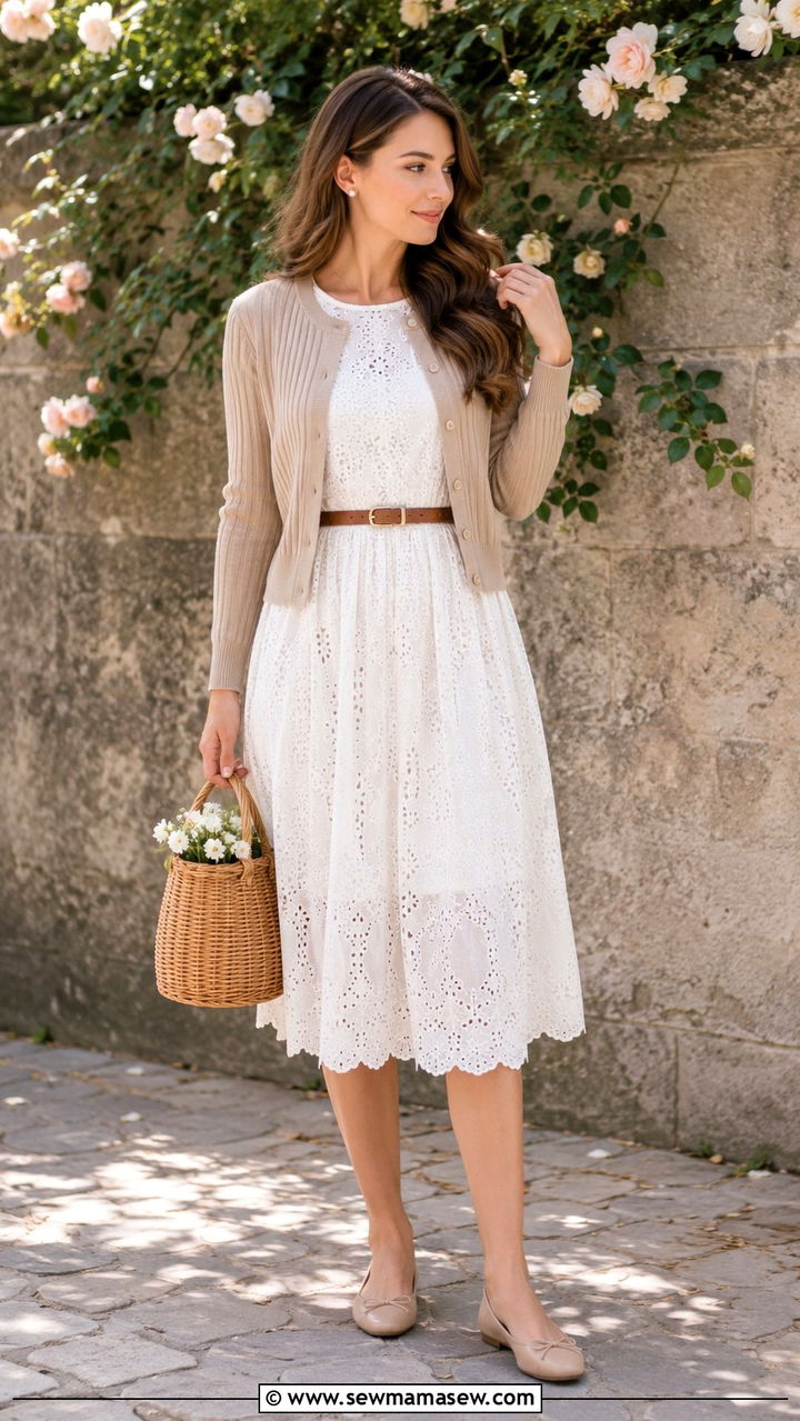 Light Academia Eyelet Dress and Cardigan Outfit - 20 light academia capsule wardrobe outfits