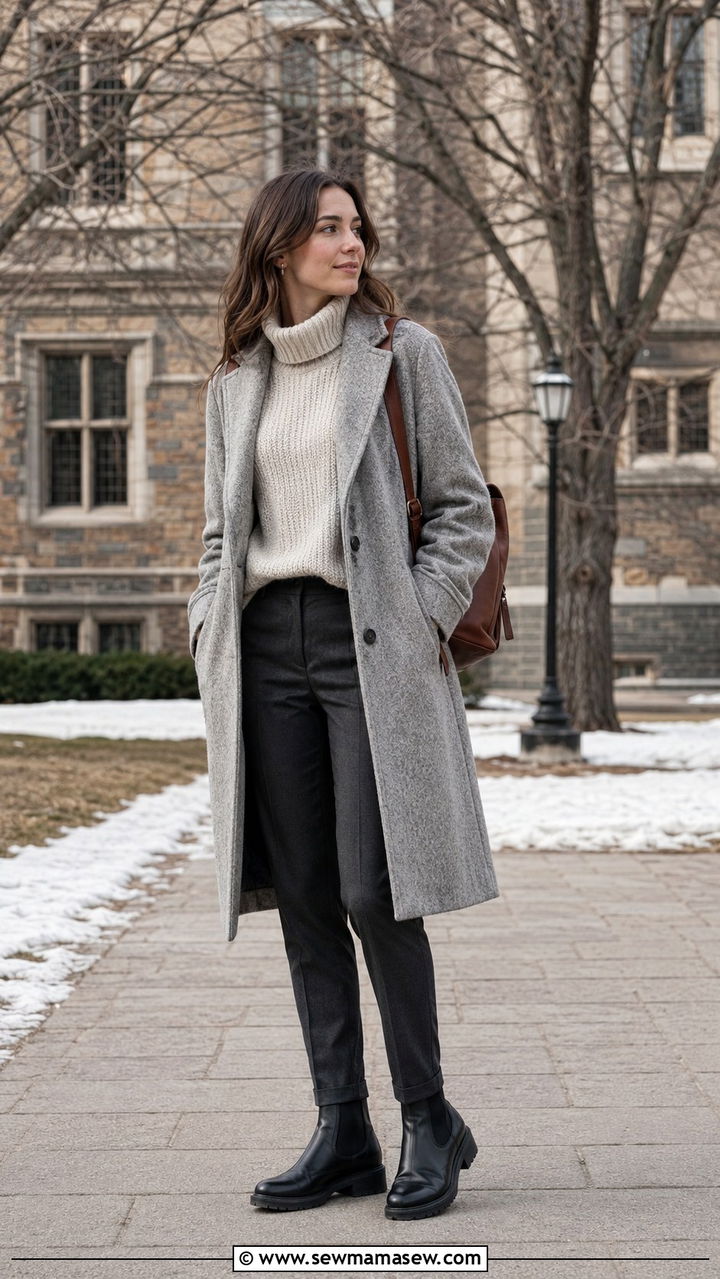 Light Academia Gray Wool Coat and Chunky Turtleneck Outfit - 20 light academia capsule wardrobe outfits