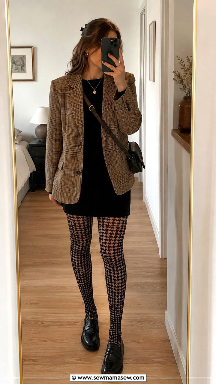Light Academia Houndstooth Tights And Black Dress Outfit - 30 light academia outfits aesthetic