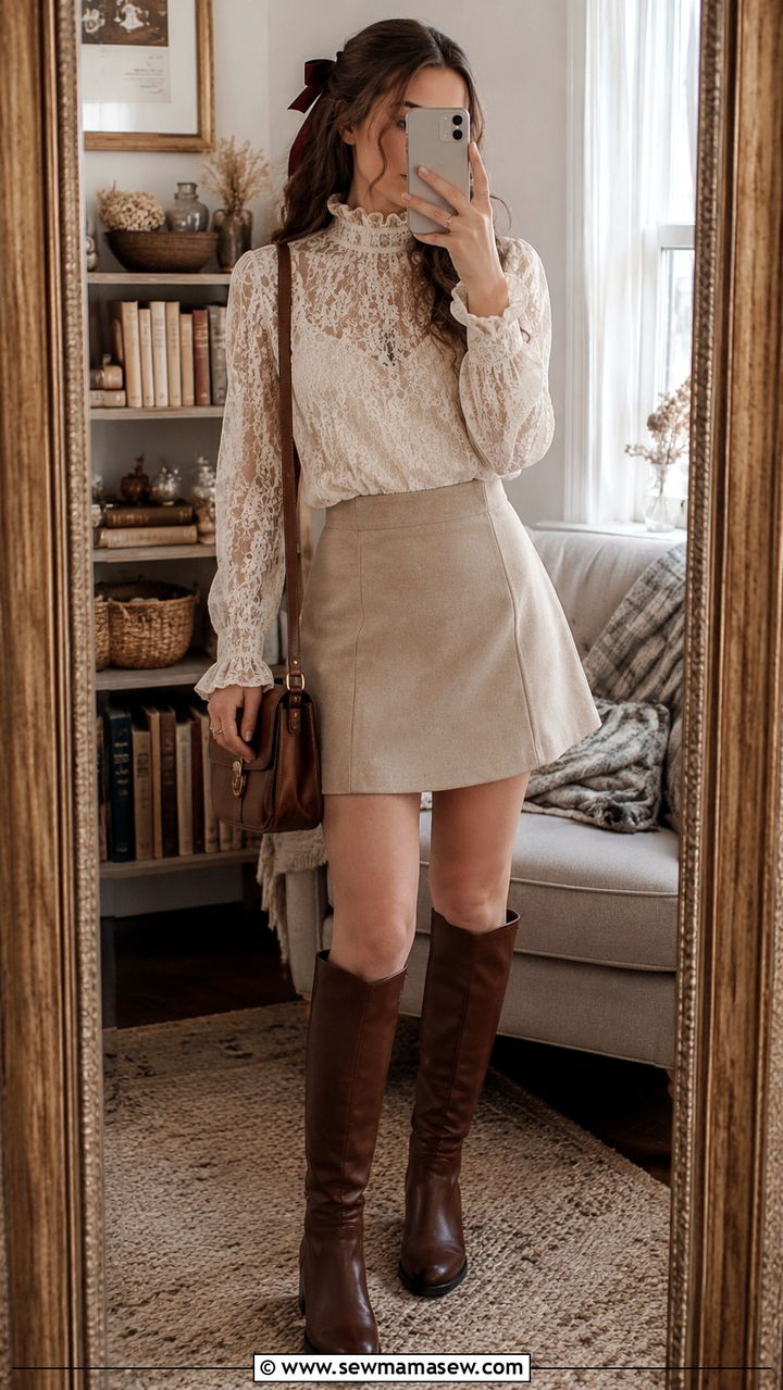 Light Academia Lace Blouse And Beige Mini Skirt Outfit - 30 light academia outfits aesthetic