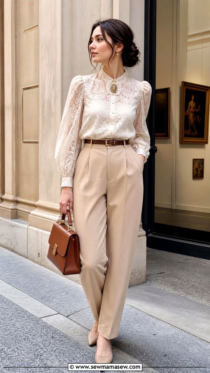 Light Academia Lace Blouse and High Waisted Pants - 40 Light academia outfit ideas