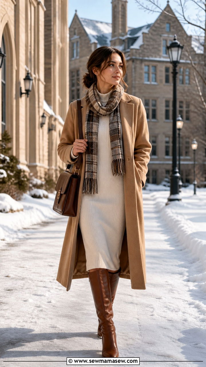 Light Academia Long Wool Coat and Knitted Midi Dress - 40 Light academia outfit ideas