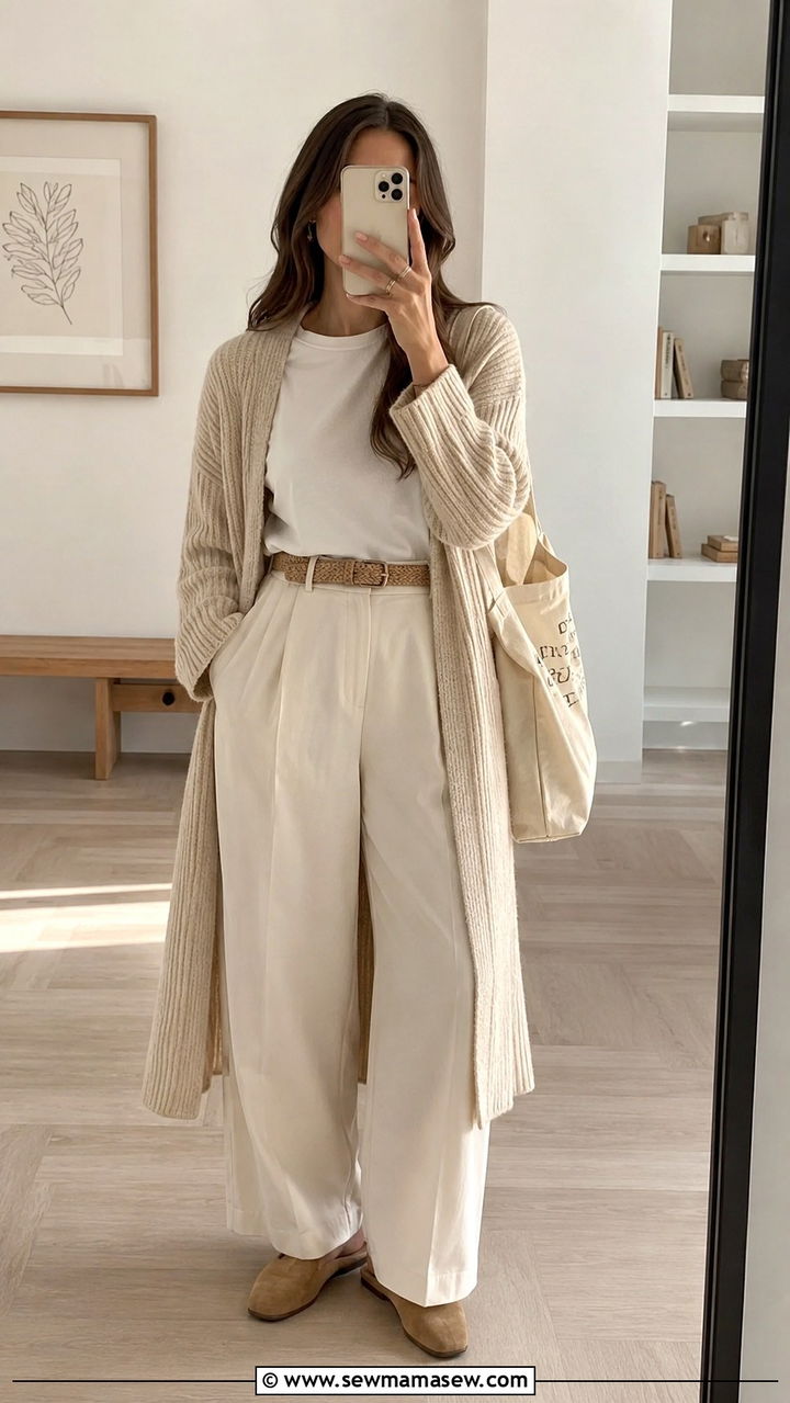 Light Academia Oatmeal Cardigan and Ecru Trousers Outfit - 20 light academia capsule wardrobe outfits