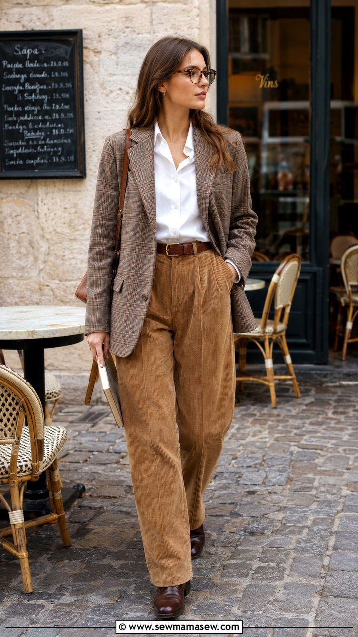 Light Academia Plaid Blazer and Corduroy Trousers Outfit - 20 light academia capsule wardrobe outfits