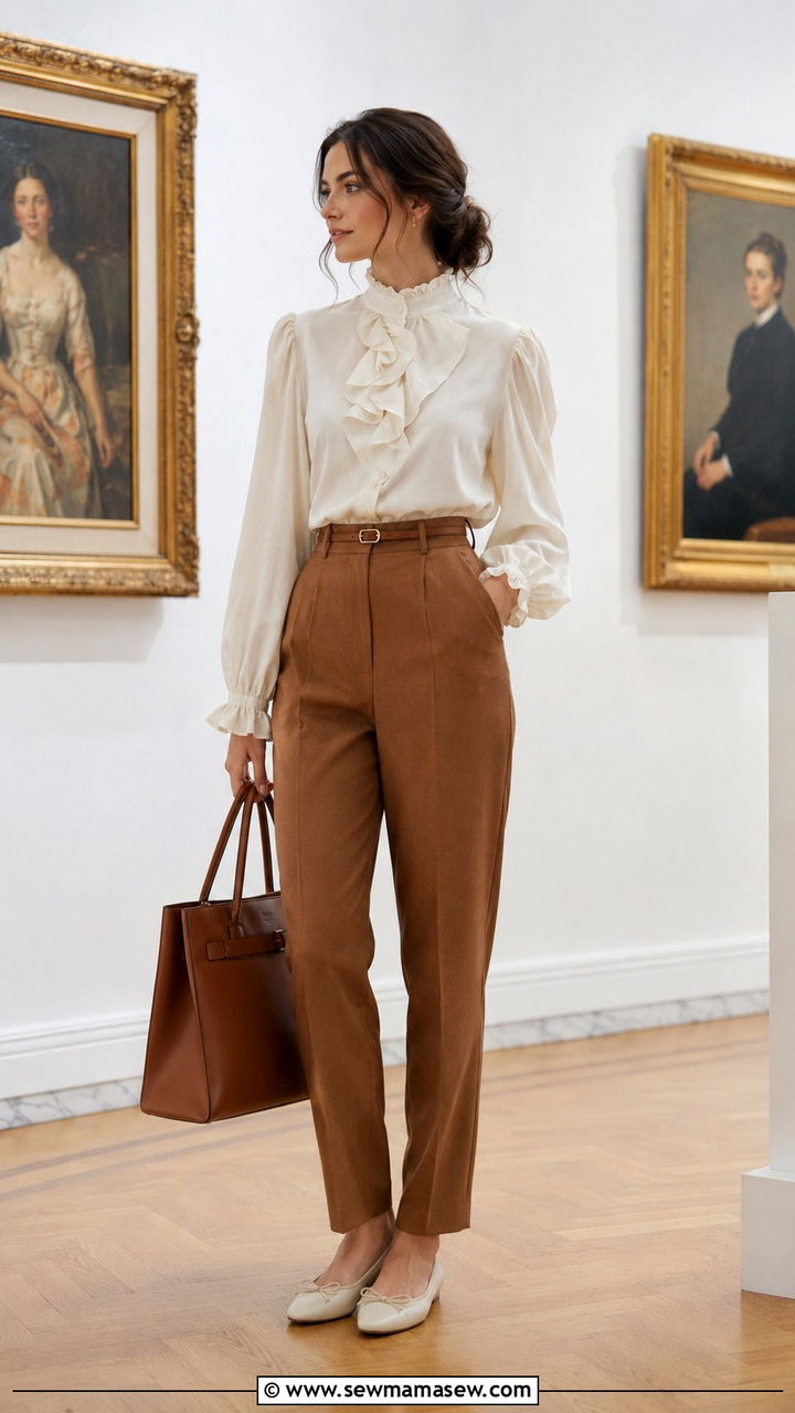 Light Academia Ruffled Blouse And Tailored Trousers Outfit - 30 light academia outfits aesthetic