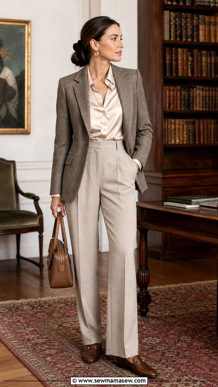 Light Academia Satin Blouse and Plaid Blazer - 40 Light academia outfit ideas