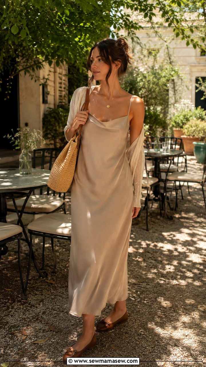 Light Academia Tan Slip Dress And Ballet Flats Outfit - 30 light academia outfits aesthetic