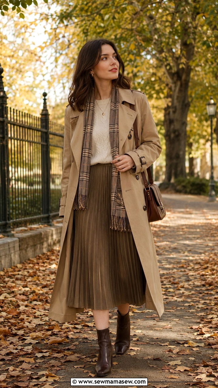 Light Academia Trench Coat and Pleated Midi Skirt Outfit - 20 light academia capsule wardrobe outfits