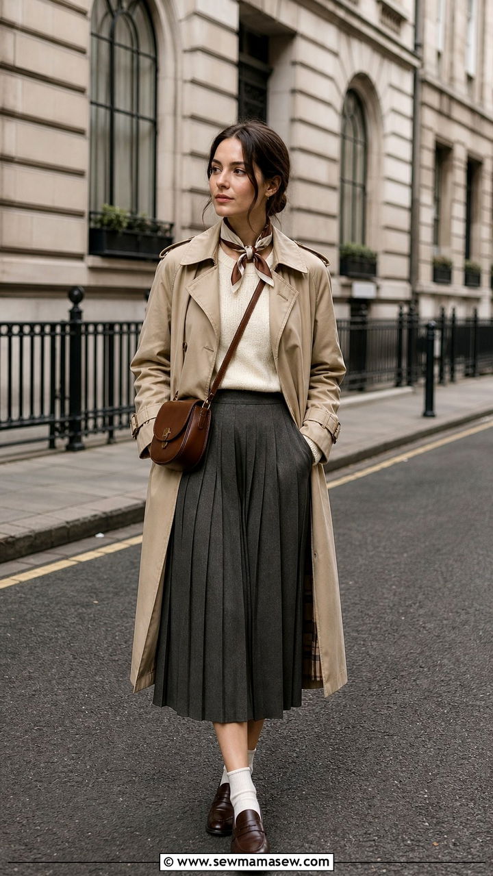 Light Academia Trench Coat and Pleated Skirt - 40 Light academia outfit ideas