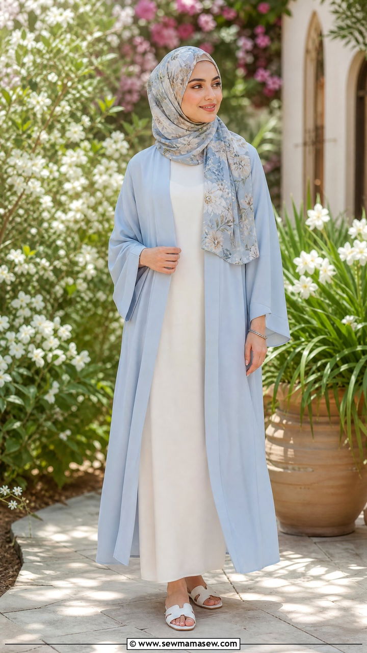Light Blue Abaya with Floral Hijab - 30 Eid outfit ideas for teens