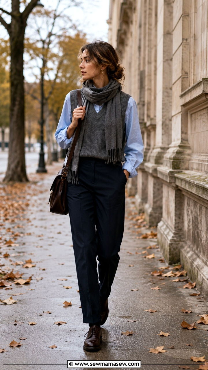 Light Blue Button Down With Grey Sweater Vest And Navy Trousers - 30 light academia outfits inspo