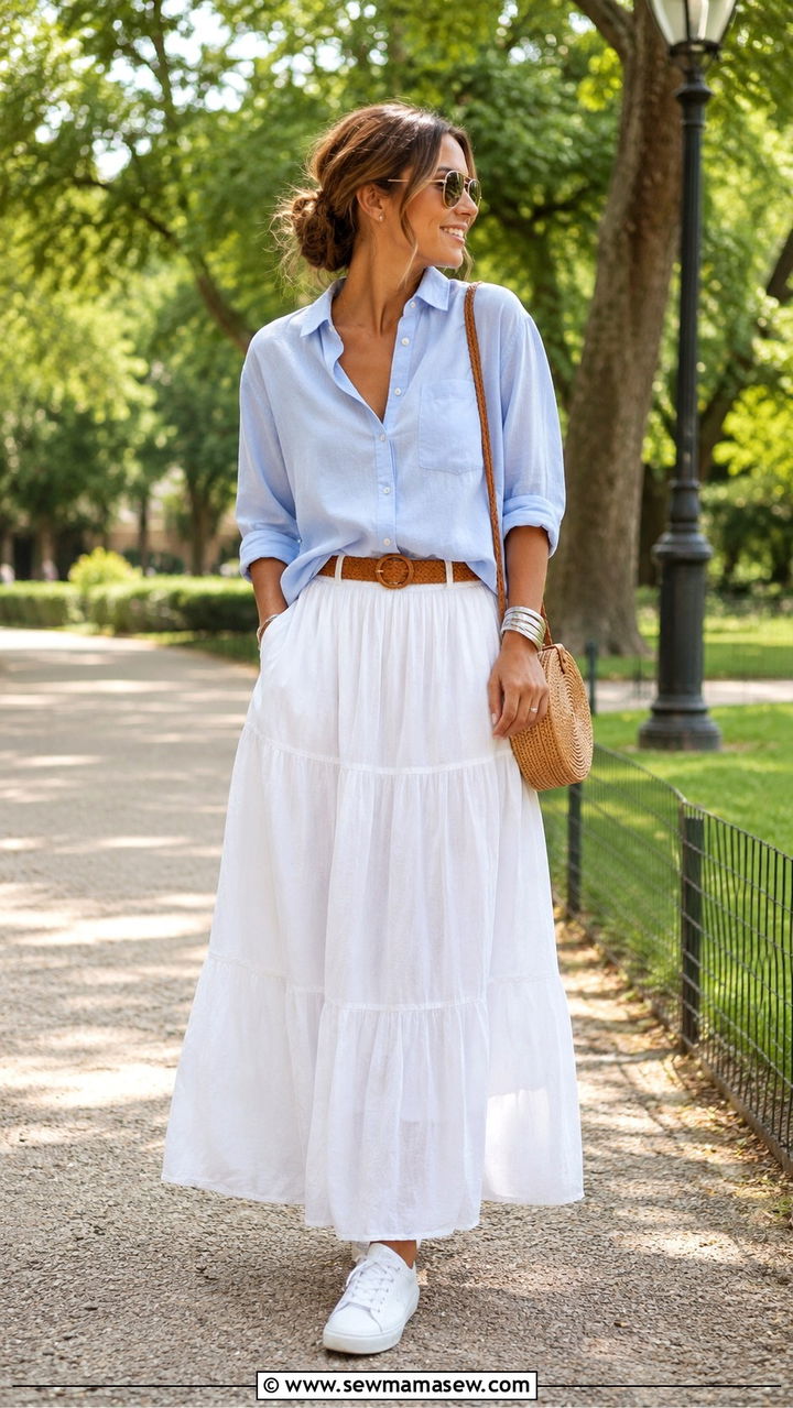 Light Blue Button Down With White Maxi Skirt - 30 Maxi skirt outfit ideas with a button down