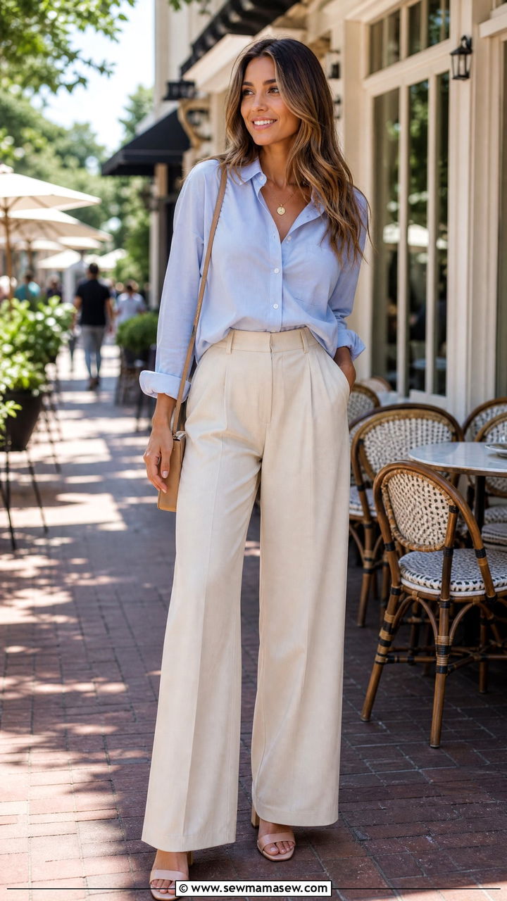 Light Blue Button Down with Beige Wide Leg Trousers - 25 Wide leg trousers outfit ideas with a button down