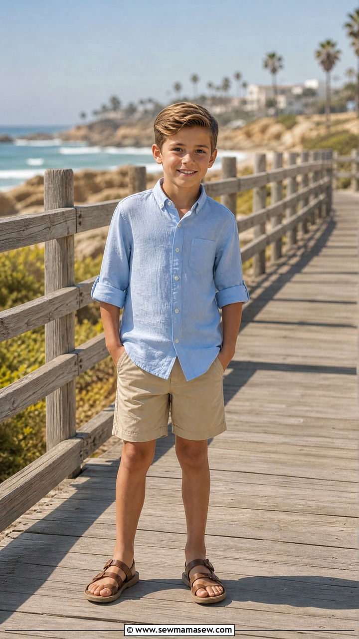 Light Blue Button Down with Khaki Shorts Outfit - 30 Kids family photo outfits