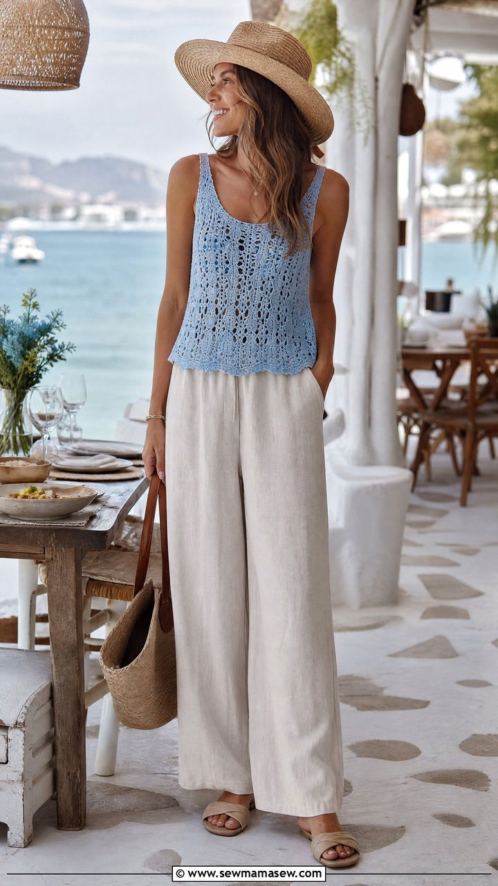 Light Blue Crochet Top with Linen Wide Leg Pants - 30 summer lightweight outfit ideas