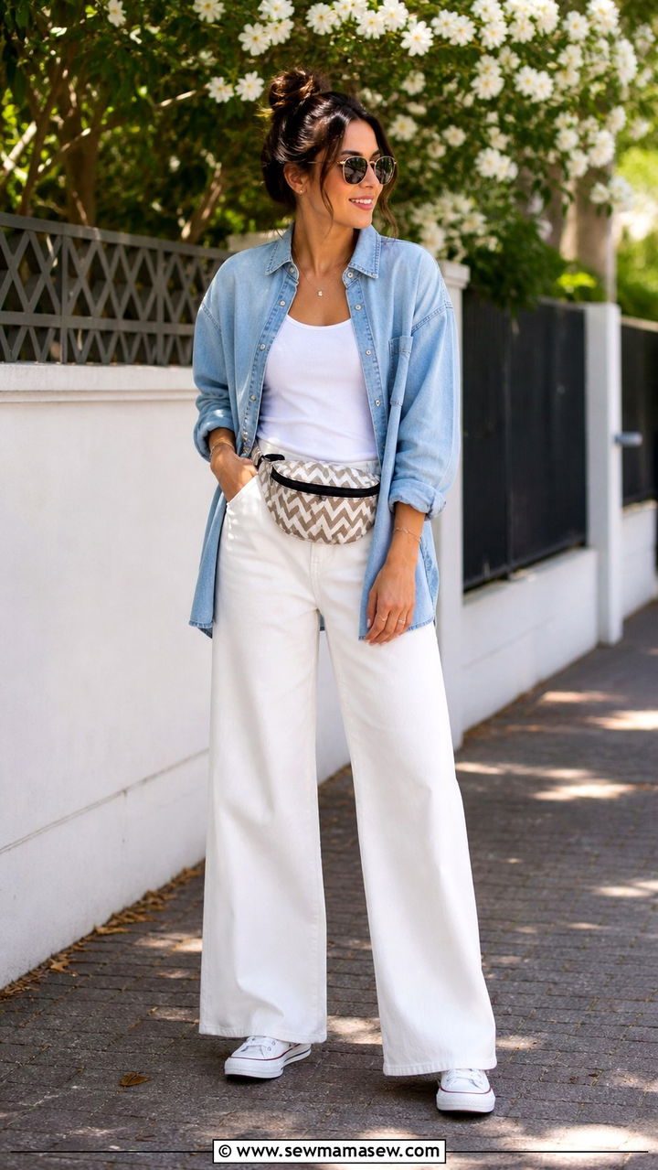 Light Blue Denim Shirt And White Wide Leg Pants With Sneakers - 40 spring outfits for moms