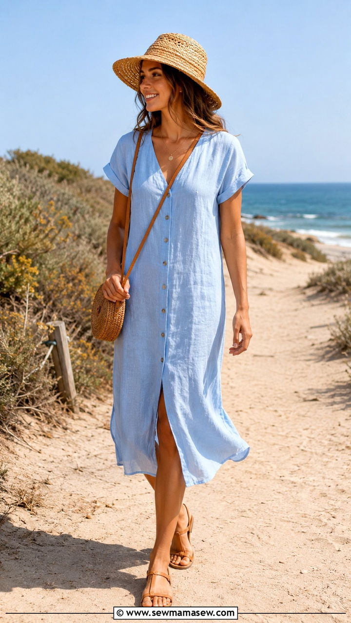 Light Blue Linen Midi Dress Outfit - 20 cute coastal grandmother outfits