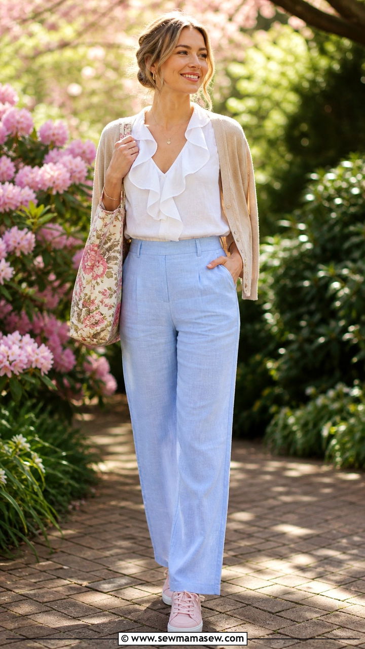 Light Blue Linen Pants with a White Ruffled Blouse and Blush Sneakers - 40 linen pants outfit ideas for women