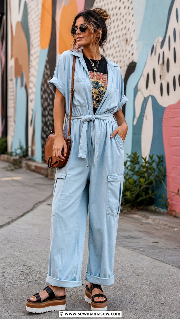 Light Blue Oversized Jumpsuit Layered Over Graphic Tee - 40 summer street style outfits