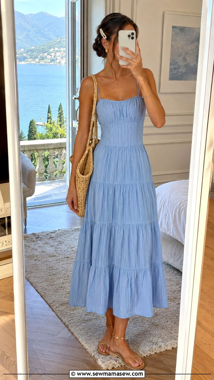 Light Blue Sundress Italy Outfit with Sandals - 30 Italy outfits ideas